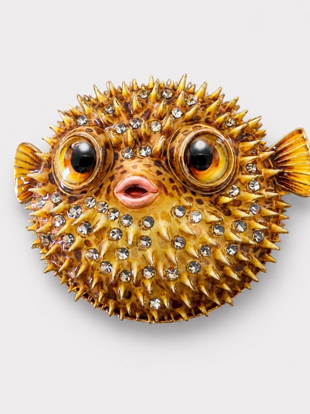 Puffer Fish Brooch Rhinestone Enamel Gold Tone Lightweight Statement Pin 2”